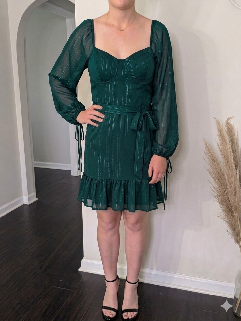 Lily Rose Forest Green Sheer-Sleeve Tie-Waist Mini Dress